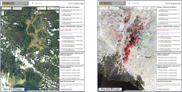 Flood map displayed in the GEE app