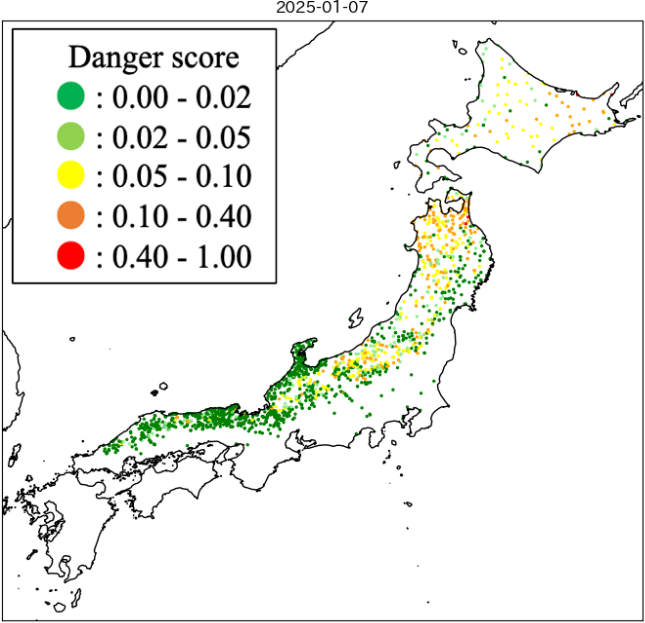 Roof-snow-fall hazard map, Jan. 7, 2025