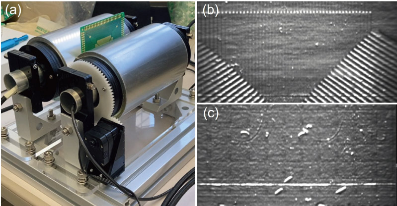 Double roller tactile image sensor (a) and output images (b, c)