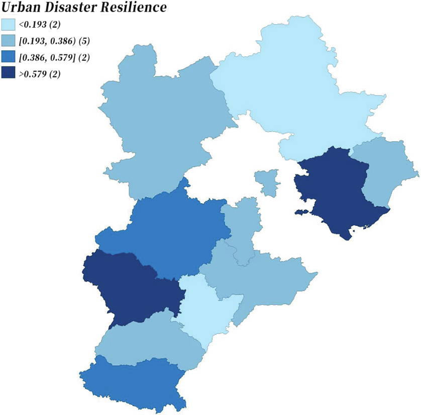 Spatial distribution of urban disaster resilience in 11 prefectural-level cities of Hebei Province