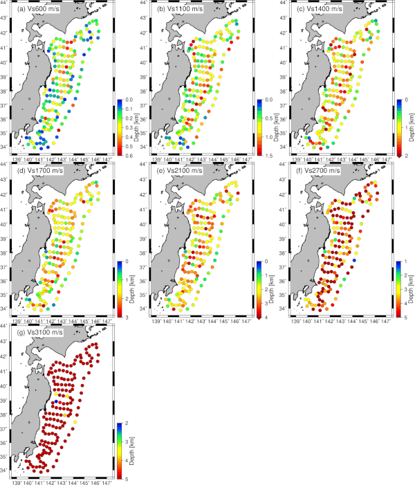 Layer depths of identified seismic velocity structures