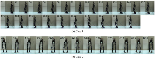 Snapshots of a bipedal robot walking forward (upper figure) and walking sideways (lower figure)