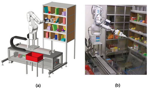 Intelligent robot classifying randomly stacked items in bin: (a) illustration of robot and setup and (b) actual robot system