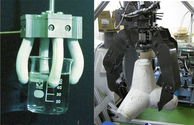 Fluid power realizing new robots: pneumatic soft hand (left) and hydraulic power hand (right)