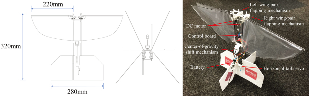 The developed flapping-wing type UAV with centre-of-gravity shift mechanism