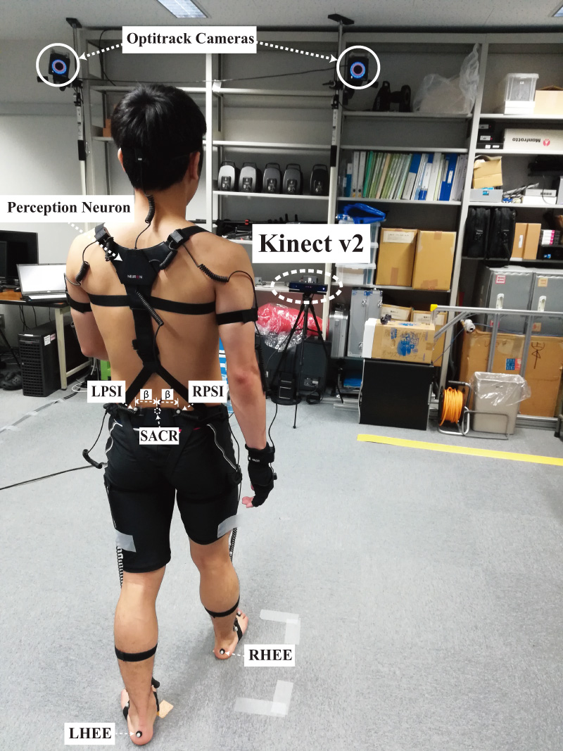 A human gait is captured by Kinect, Perception Neuron, and OptiTrack