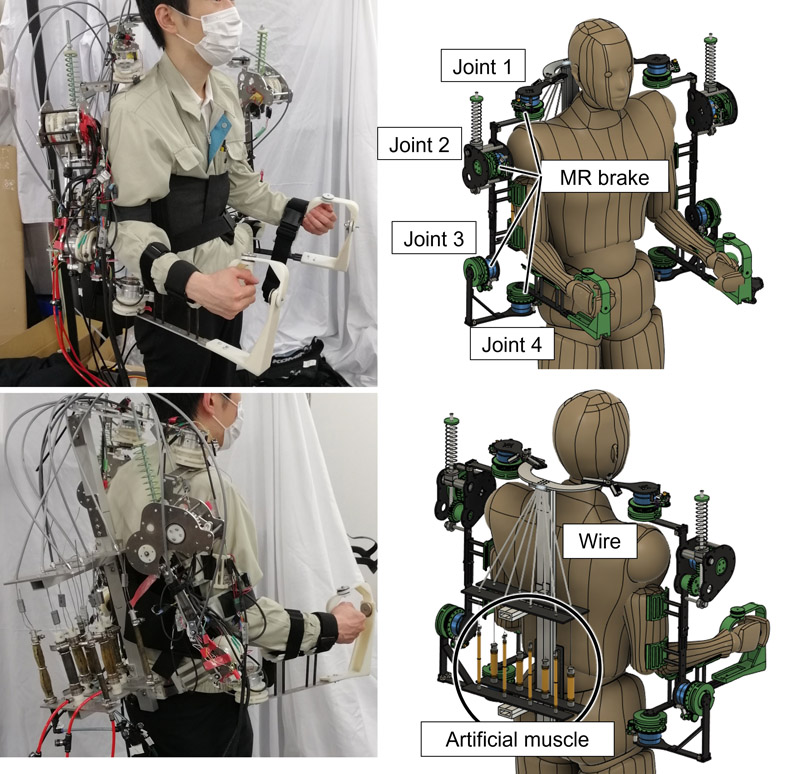 Development of a Bimanual Wearable Force Feedback Device with Pneumatic Artificial Muscles, MR Fluid Brakes, and Sensibility Evaluation Based on Pushing Motion