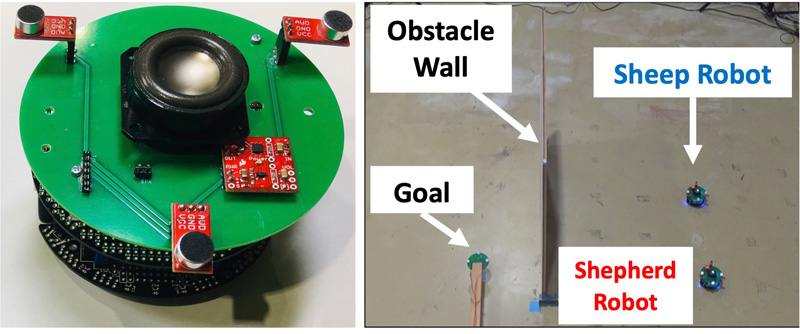 Shepherding-type robot navigation utilizing sound-obstacle-interaction