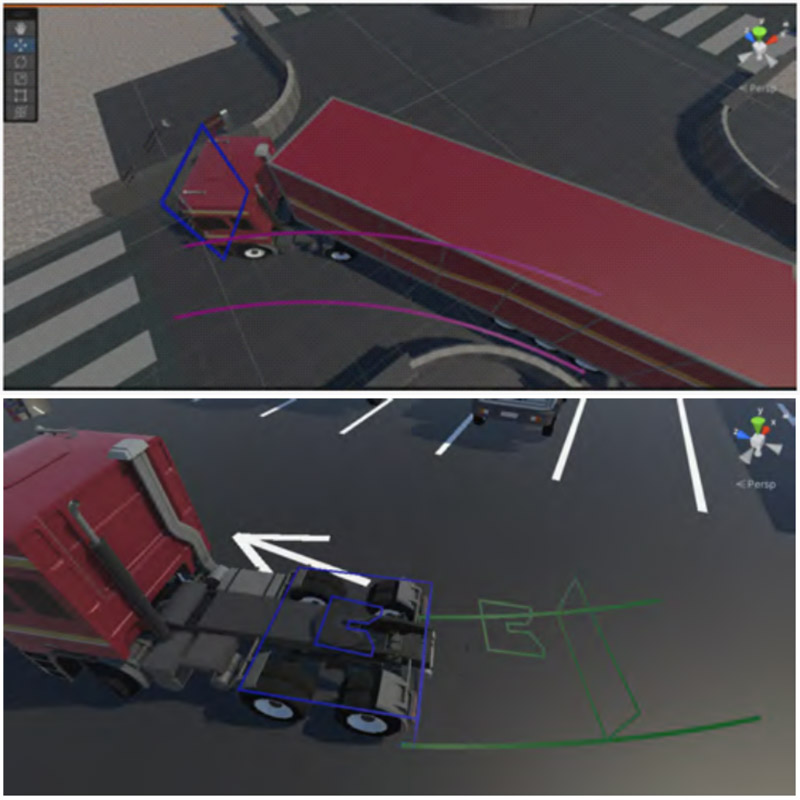 Predictive display of tractor-trailer vehicle seen from third-person perspective